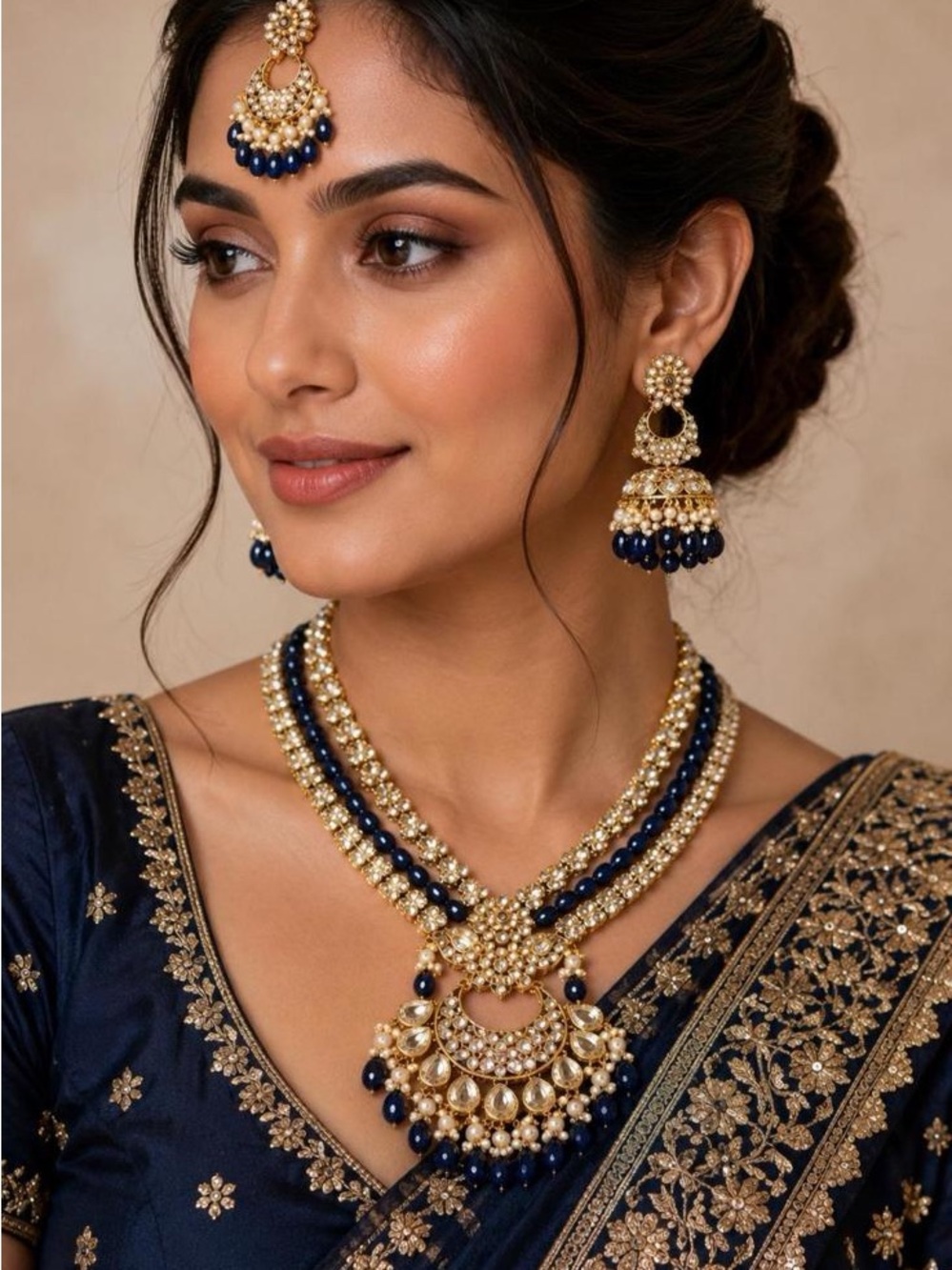 Elegant Gold and Navy Kundan Bridal Necklace Set - Women Jewelry Earrings Jhumka